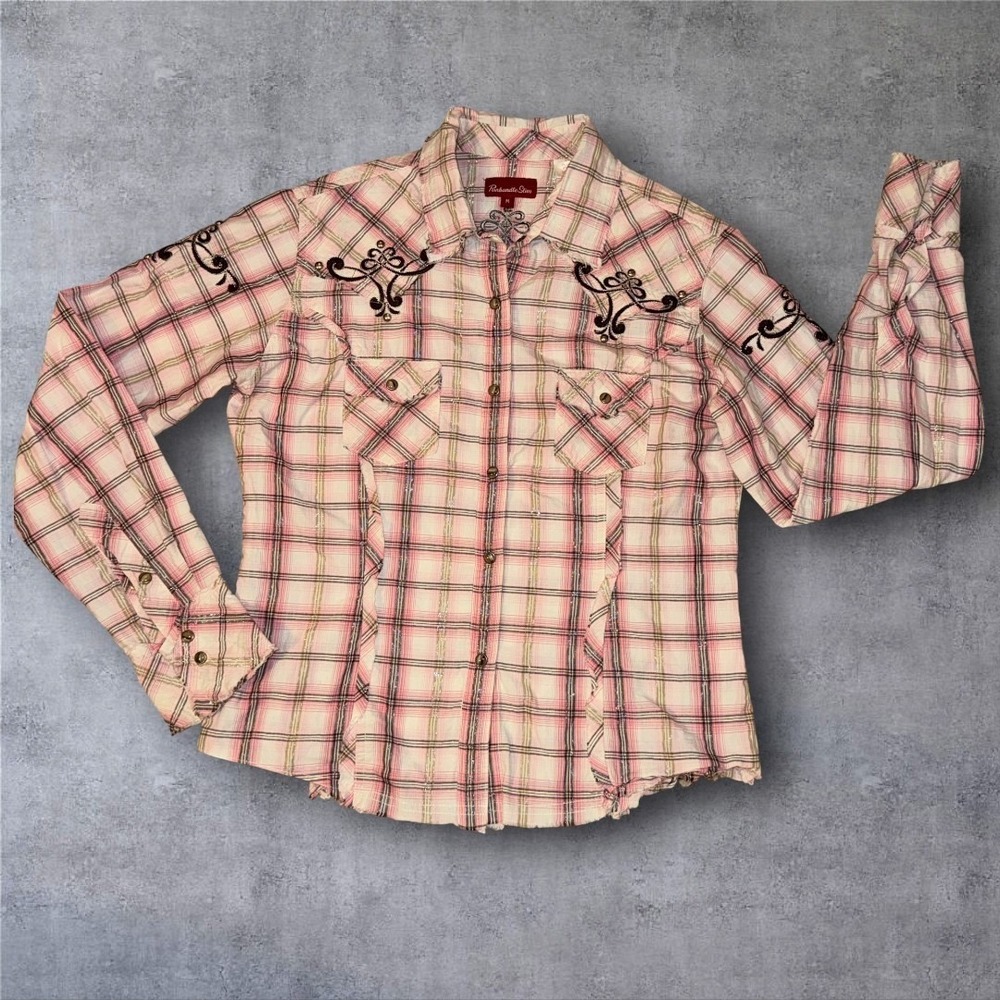 Panhandle Slim Western Plaid Studded Embroidered Snap Shirt Women's Medium - Picture 10 of 13